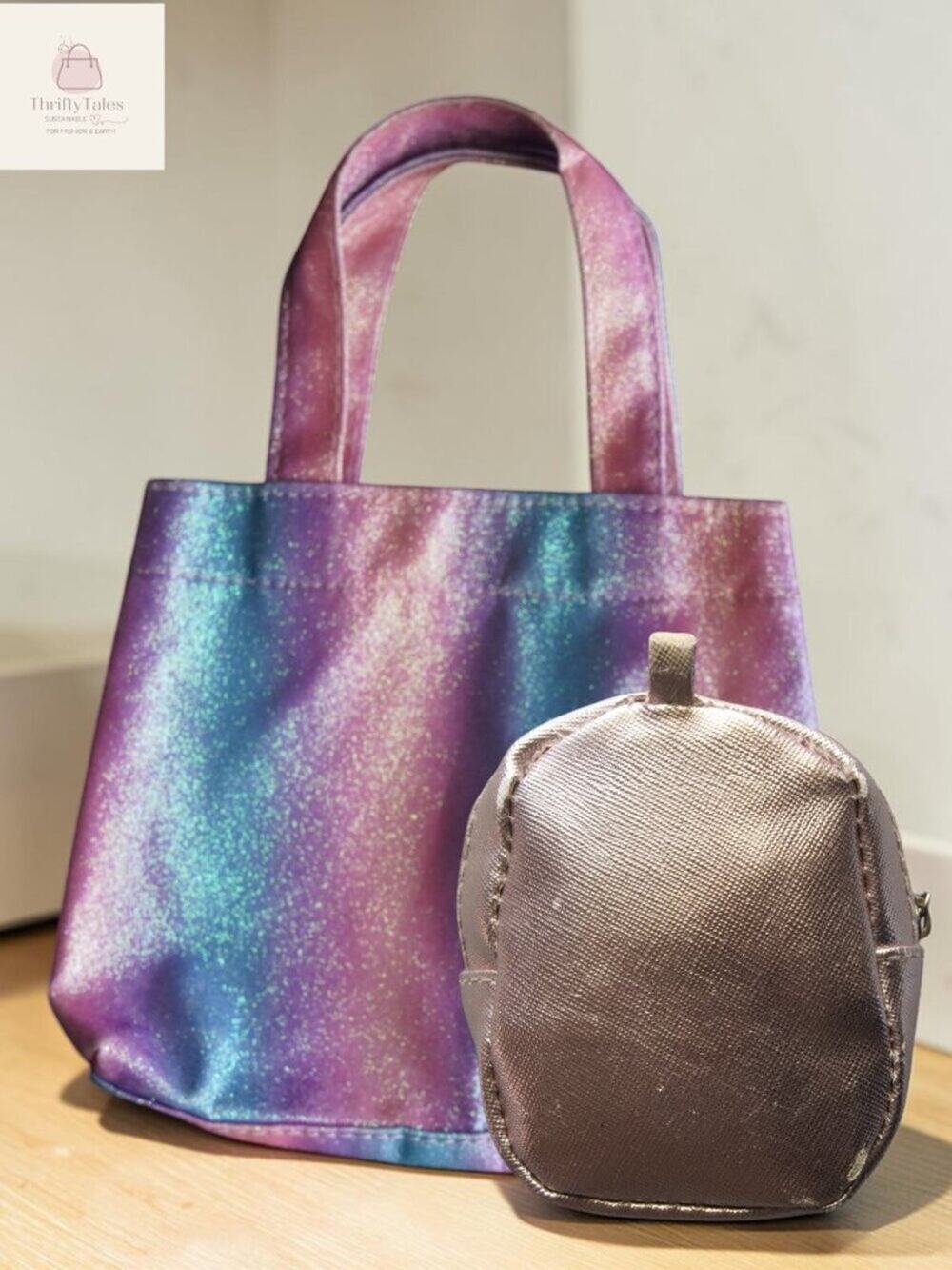 Girls Glitter Tote Bag & Metallic Quilted Pouch Set Pink Blue Barbiecore GUC